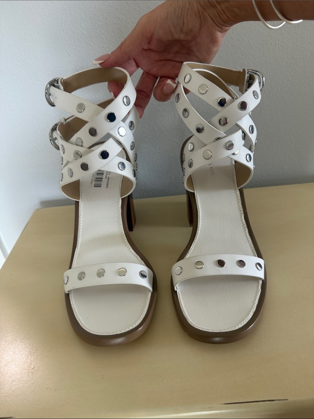 Michael Kors White Studded Block Heel Sandals - Picture 2 of 7